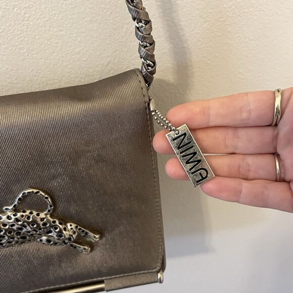 Vintage Nima Metal Cheetah Bag Silver Metallic Black Purse 80s Crossbody - Picture 4 of 7